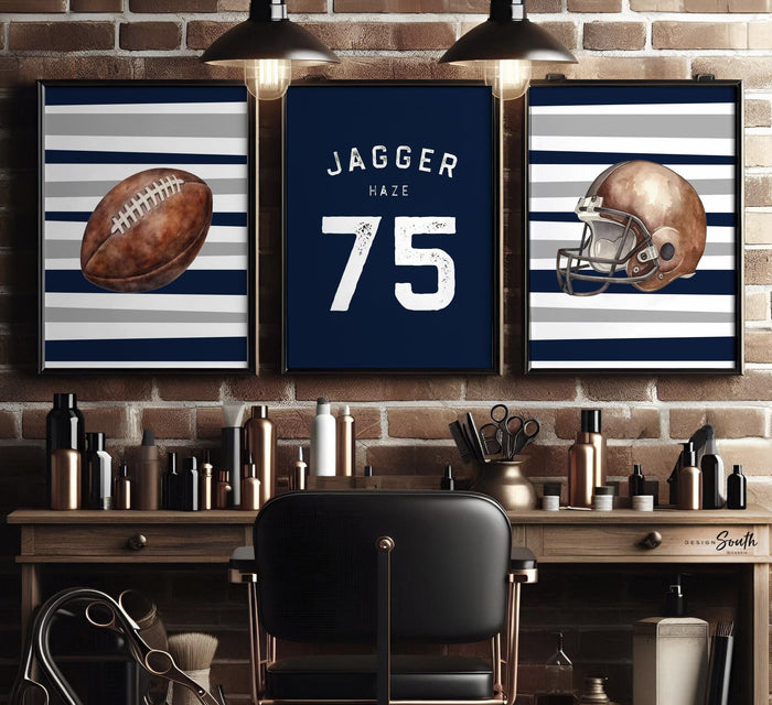 Personalized Navy Football Wall Art: Boy's Sports Room Decor, Set of 3