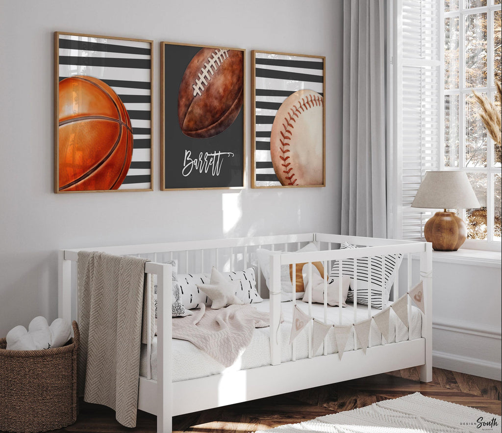 Charcoal Gray Striped Sports Wall Art Set of 3, Personalized Initial & Name with Football, Basketball Baseball, Boys Room Decor