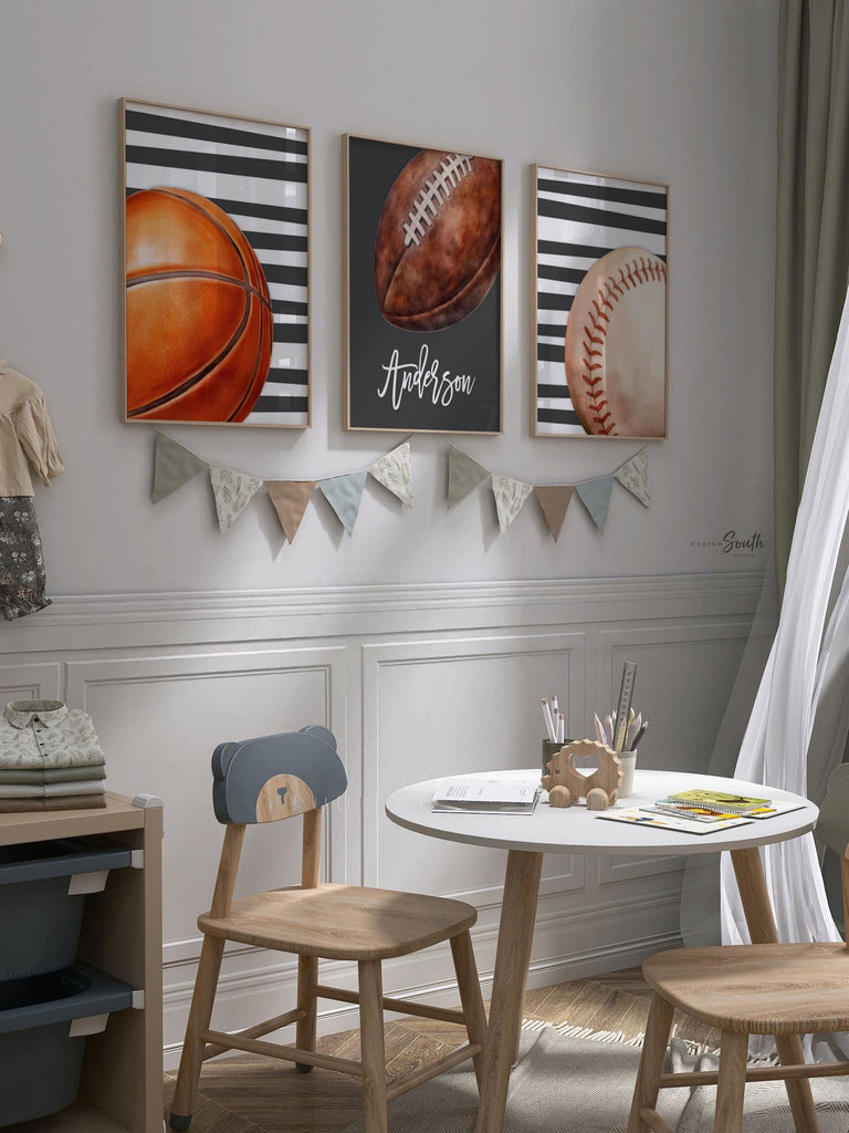 Charcoal Gray Striped Sports Wall Art Set of 3, Personalized Initial & Name with Football, Basketball Baseball, Boys Room Decor