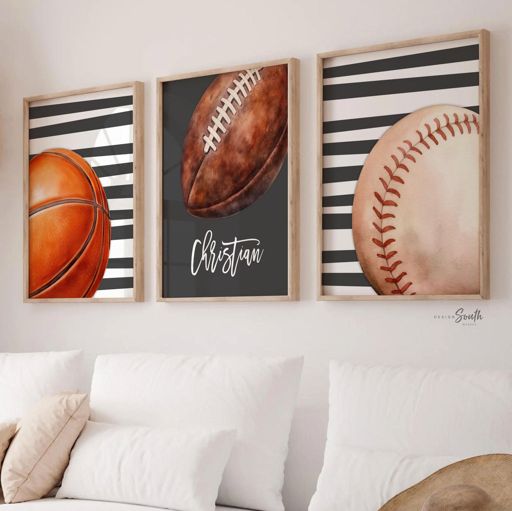 Charcoal Gray Striped Sports Wall Art Set of 3, Personalized Initial & Name with Football, Basketball Baseball, Boys Room Decor