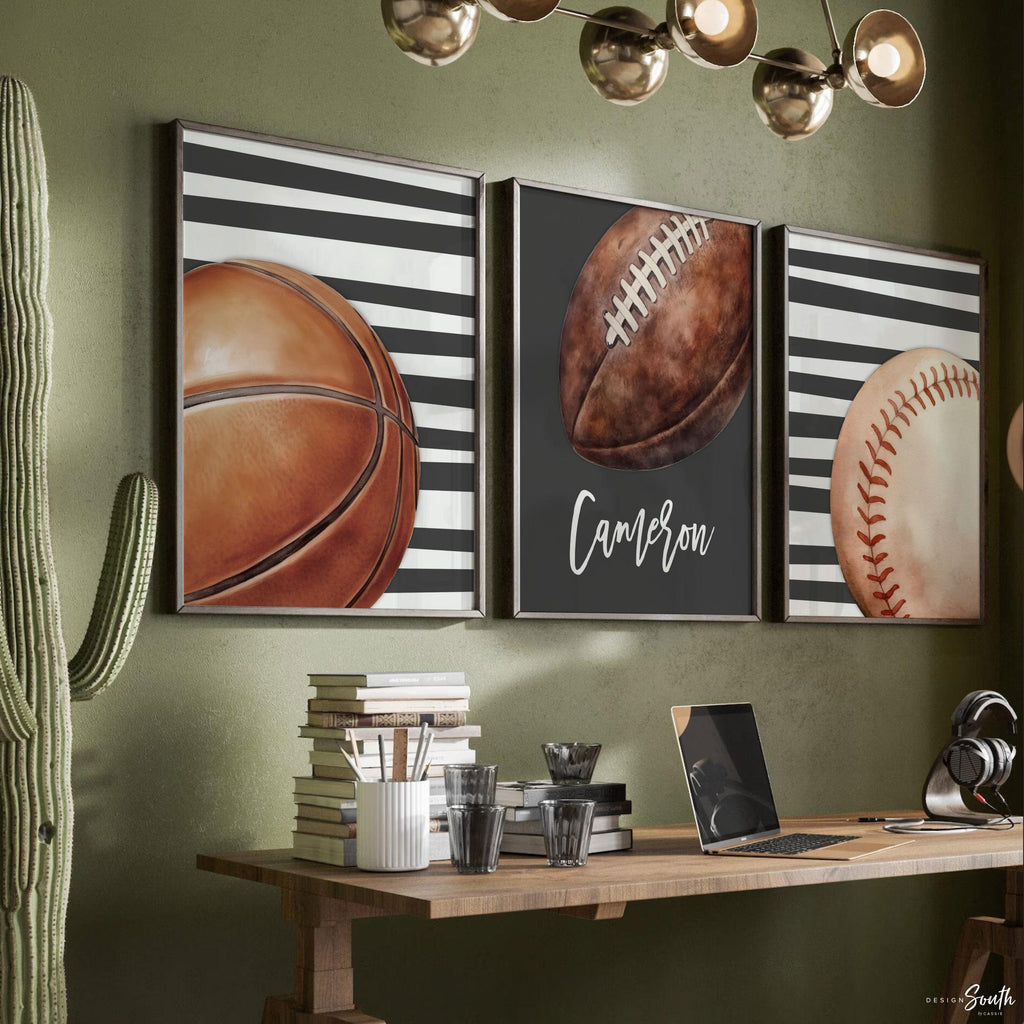 Personalized Boys Sports Wall Art Set of 3, Custom Initial & Name with Football, Basketball and Baseball, Charcoal Gray Striped Decor