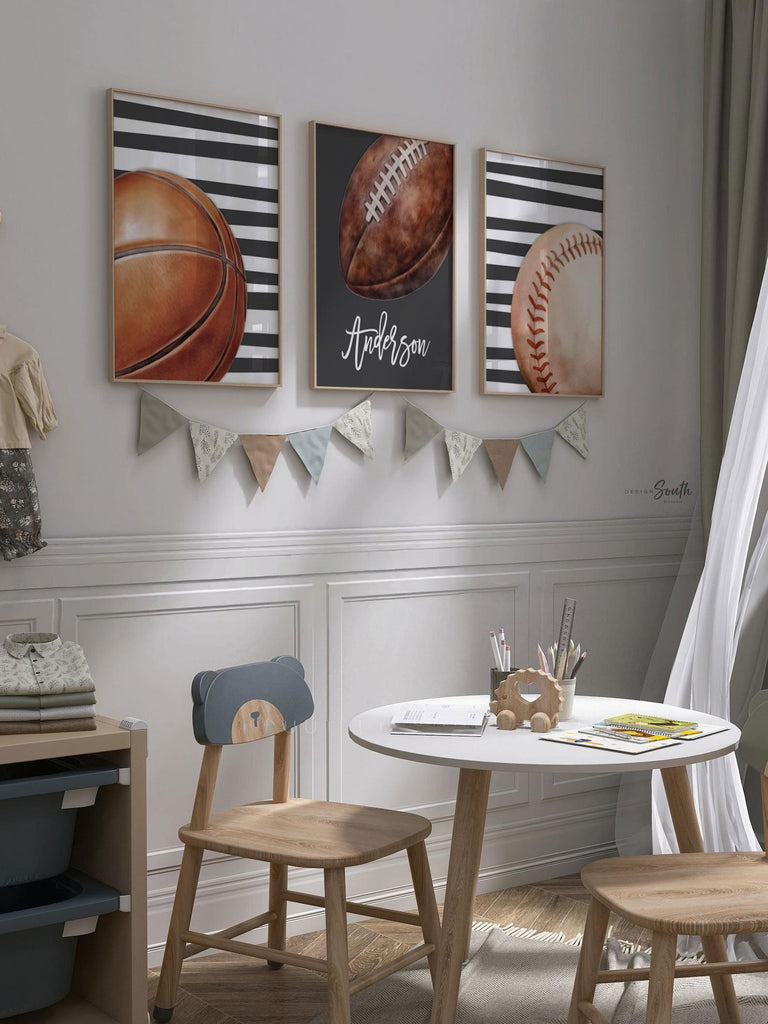 Personalized Boys Sports Wall Art Set of 3, Custom Initial & Name with Football, Basketball and Baseball, Charcoal Gray Striped Decor