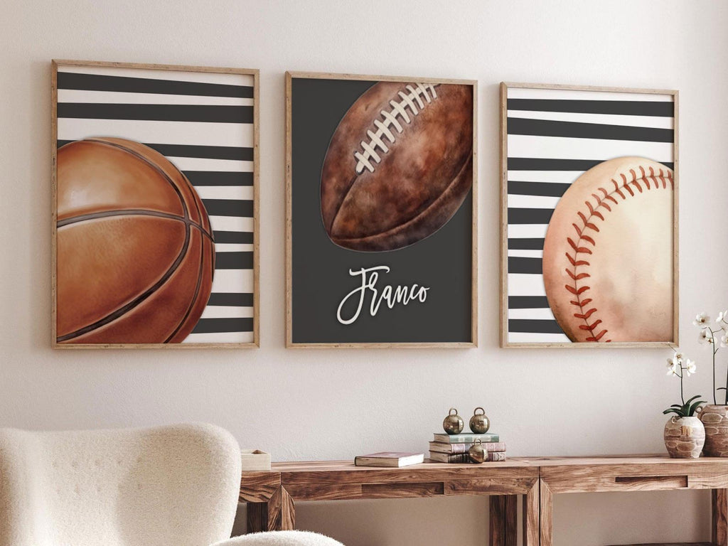 Personalized Boys Sports Wall Art Set of 3, Custom Initial & Name with Football, Basketball and Baseball, Charcoal Gray Striped Decor