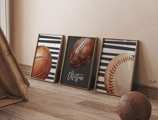 Personalized Boys Sports Wall Art Set of 3, Custom Initial & Name with Football, Basketball and Baseball, Charcoal Gray Striped Decor