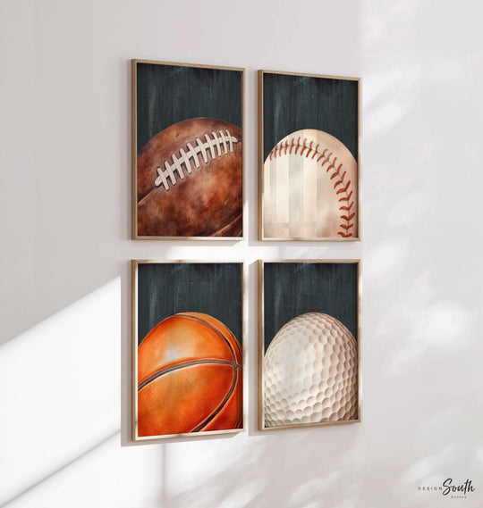 Rustic Vintage Sports Wall Art Set of 4, Distressed Athletic Prints with Basketball, Football, Golf & Baseball, Kids Room or Gift
