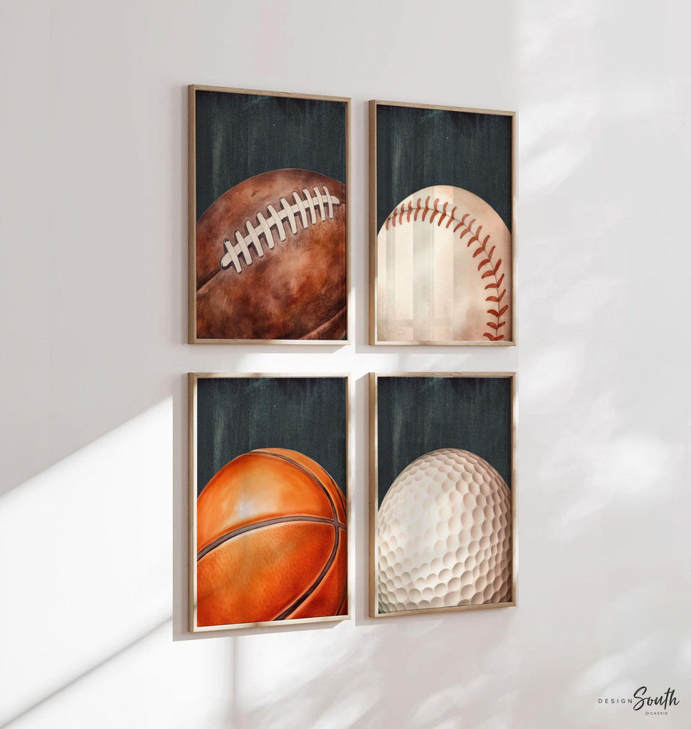 Rustic Vintage Sports Wall Art Set of 4, Distressed Athletic Prints with Basketball, Football, Golf & Baseball, Kids Room or Gift