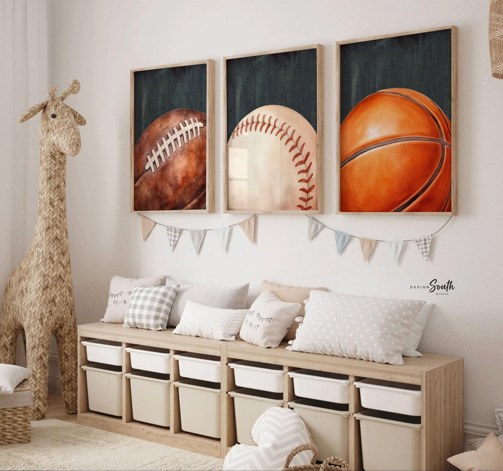 Vintage Sports Art Prints: Rustic Football, Baseball, Basketball Decor