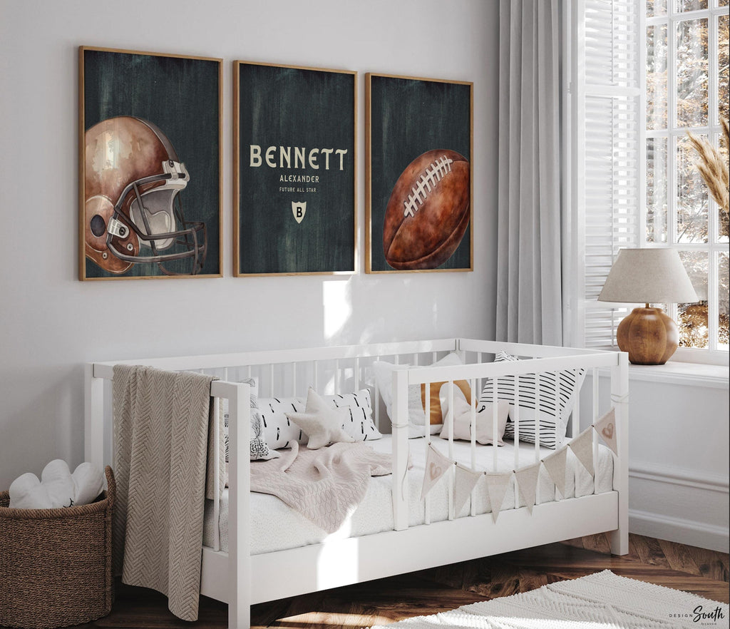 Personalized Football Nursery Art: Vintage Sports Prints, Boys Room Decor