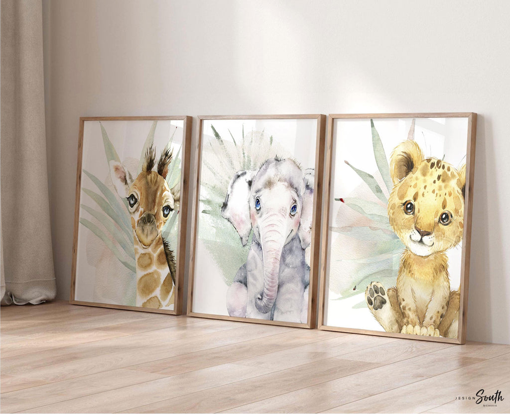 Safari Nursery Art Prints: Lion Cub, Elephant & Giraffe - Tropical Decor