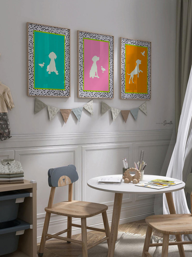 German Shorthaired Pointer Wall Art Set: Bright Neon Prints in Pink, Lime & Teal with Dalmatian Speckles, Playroom or Living Room Decor