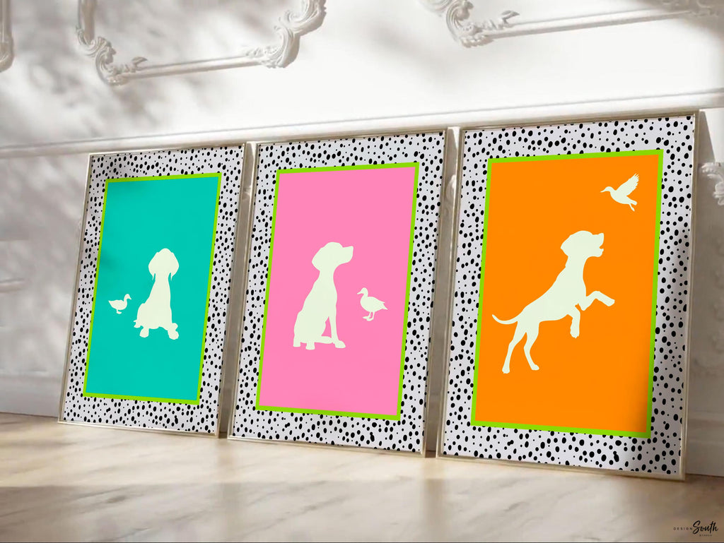German Shorthaired Pointer Wall Art Set: Bright Neon Prints in Pink, Lime & Teal with Dalmatian Speckles, Playroom or Living Room Decor