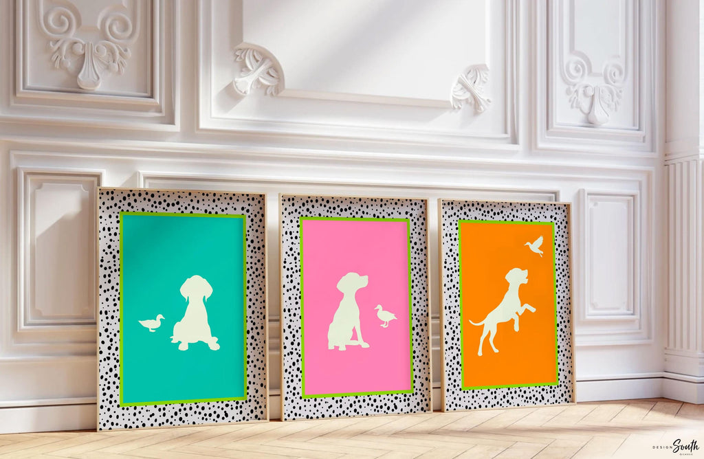 German Shorthaired Pointer Wall Art Set: Bright Neon Prints in Pink, Lime & Teal with Dalmatian Speckles, Playroom or Living Room Decor