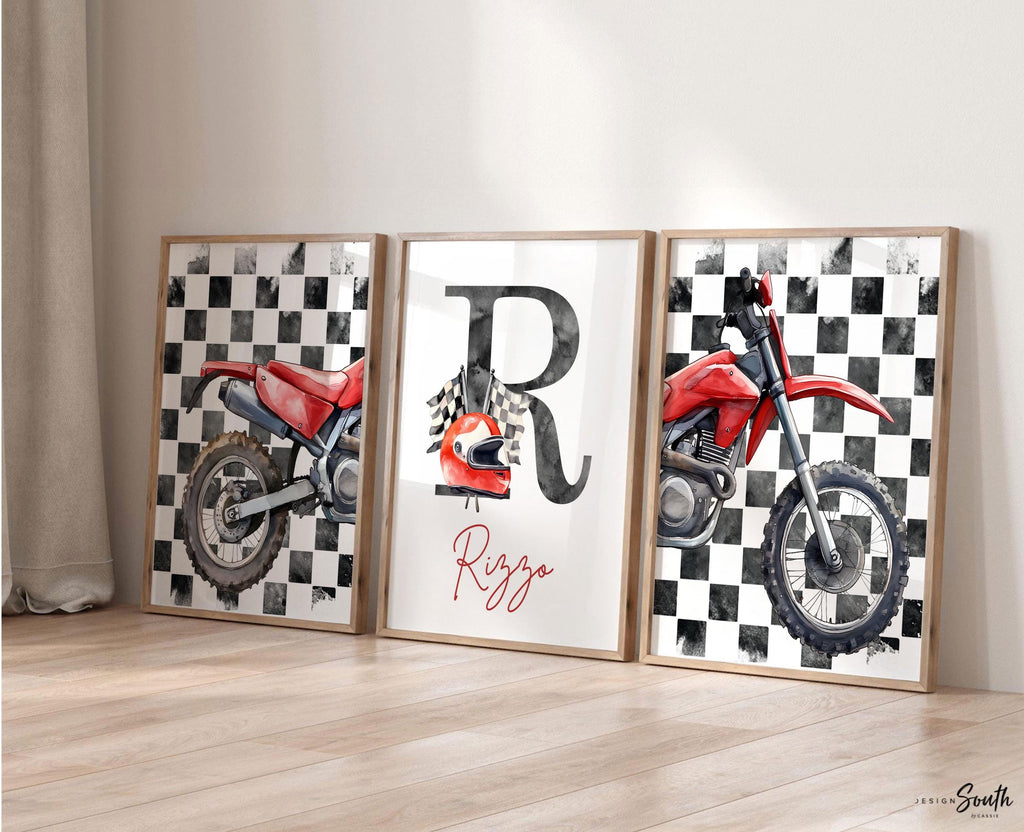 Personalized Dirt Bike Wall Art: Checkered Flag Prints with Name Initial, Boys Room Decor