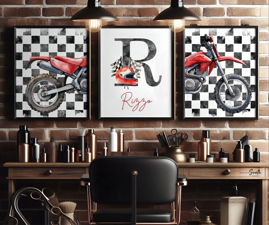 Personalized Dirt Bike Wall Art: Checkered Flag Prints with Name Initial, Boys Room Decor