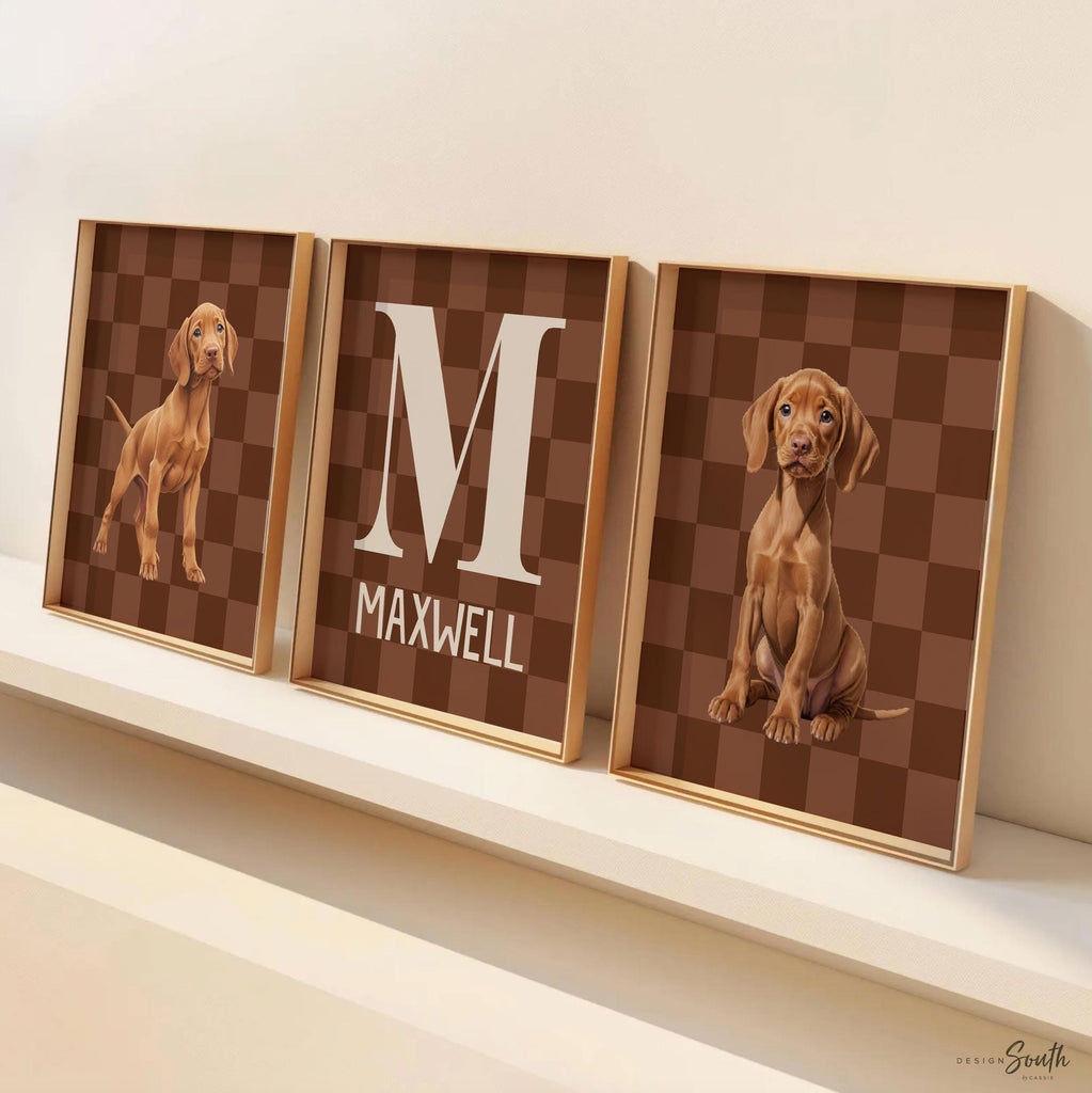 Personalized Vizsla Puppy Nursery Prints: Brown Checkerboard Wall Art with Name & Initial, Set of 3