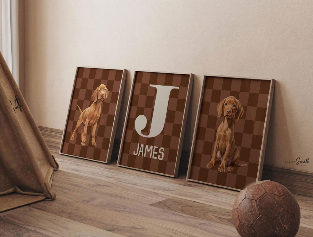 Personalized Vizsla Puppy Nursery Prints: Brown Checkerboard Wall Art with Name & Initial, Set of 3