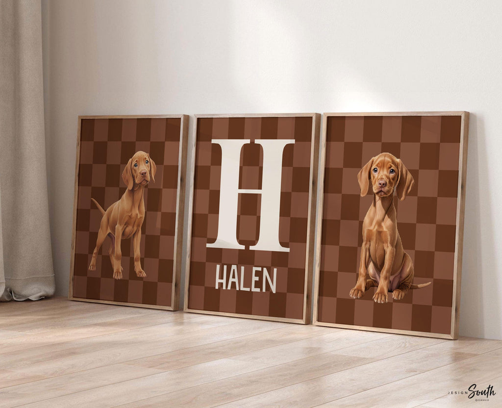 Personalized Vizsla Puppy Nursery Prints: Brown Checkerboard Wall Art with Name & Initial, Set of 3