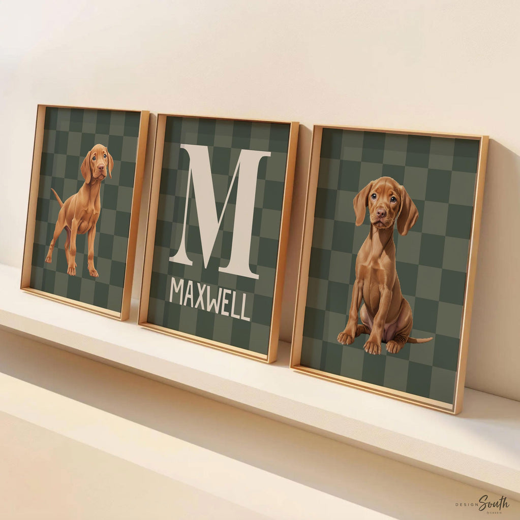 Custom Vizsla Puppy Wall Art: Green Checkerboard Nursery Prints with Name & Initial, Set of 3
