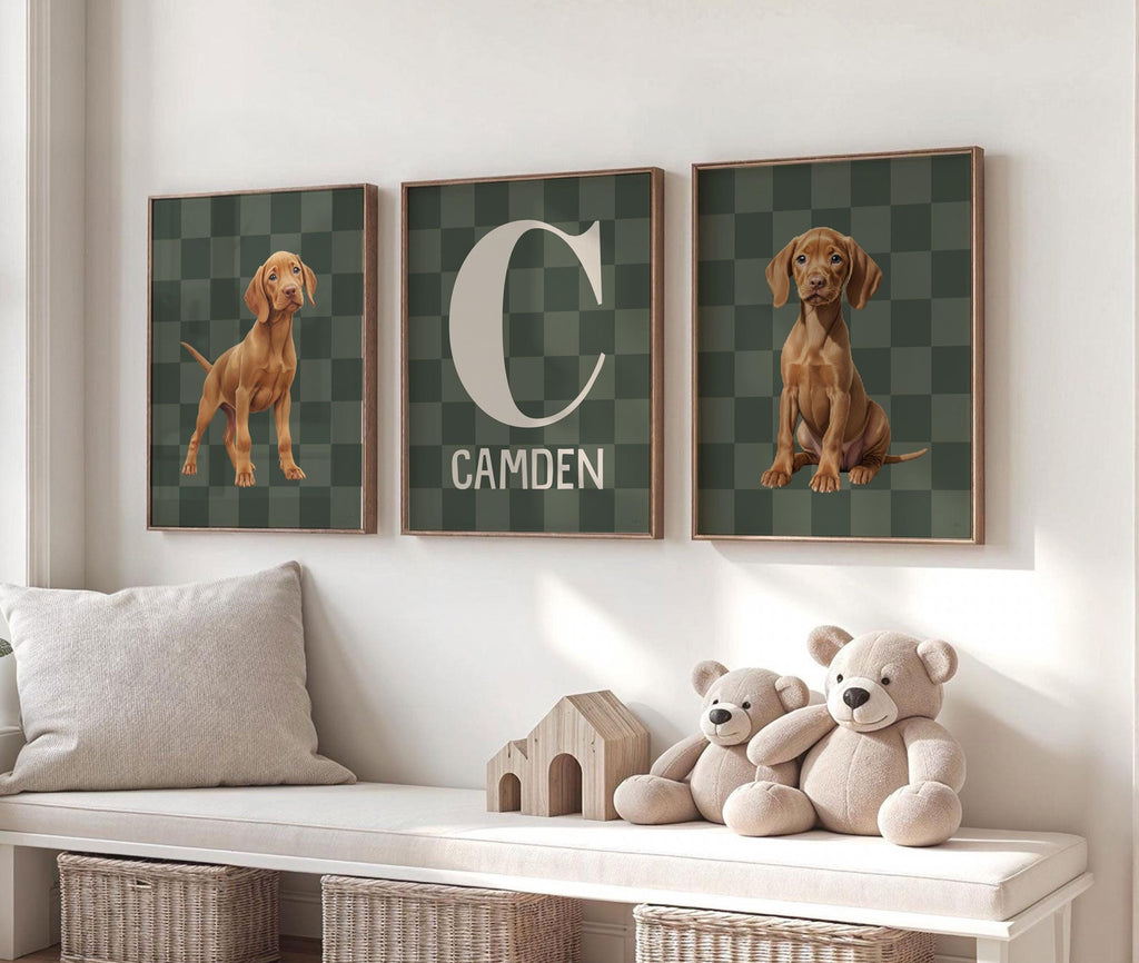 Custom Vizsla Puppy Wall Art: Green Checkerboard Nursery Prints with Name & Initial, Set of 3