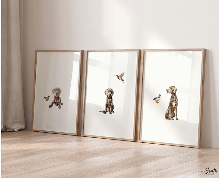 Weimaraner Puppy & Mallard Duck Nursery Art Prints: Boys Room Decor