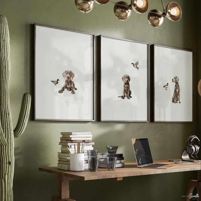 Weimaraner Puppy & Mallard Duck Nursery Art Prints: Boys Room Decor