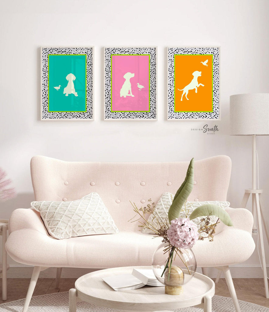 German Shorthaired Pointer Wall Art Set: Bright Neon Prints in Pink, Lime & Teal with Dalmatian Speckles, Playroom or Living Room Decor