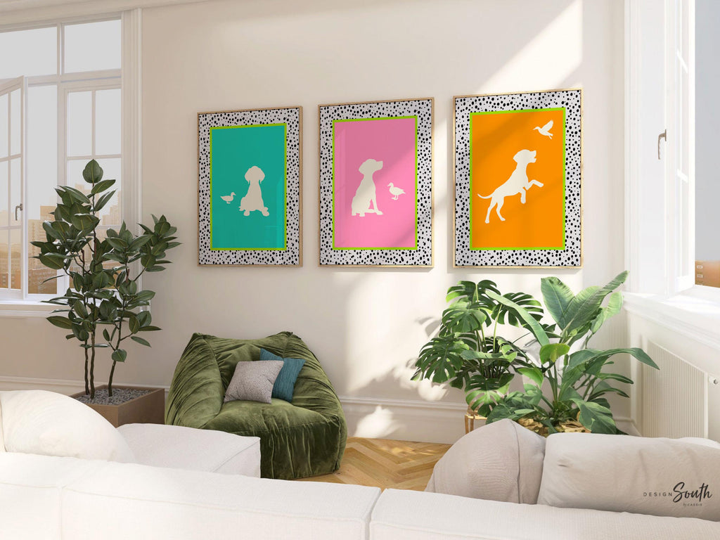 German Shorthaired Pointer Wall Art Set: Bright Neon Prints in Pink, Lime & Teal with Dalmatian Speckles, Playroom or Living Room Decor