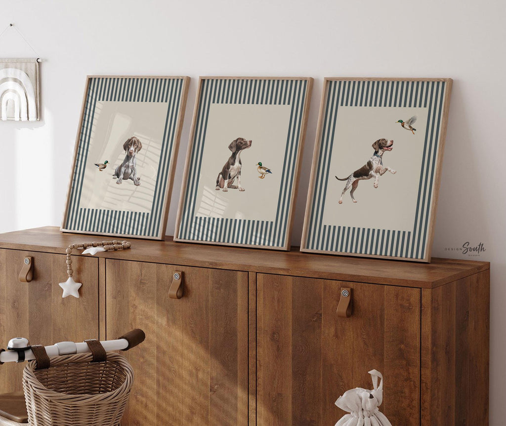 Vintage Bird Dog Print Set: German Shorthaired Pointer Puppy Art in Blue & Neutral Stripes