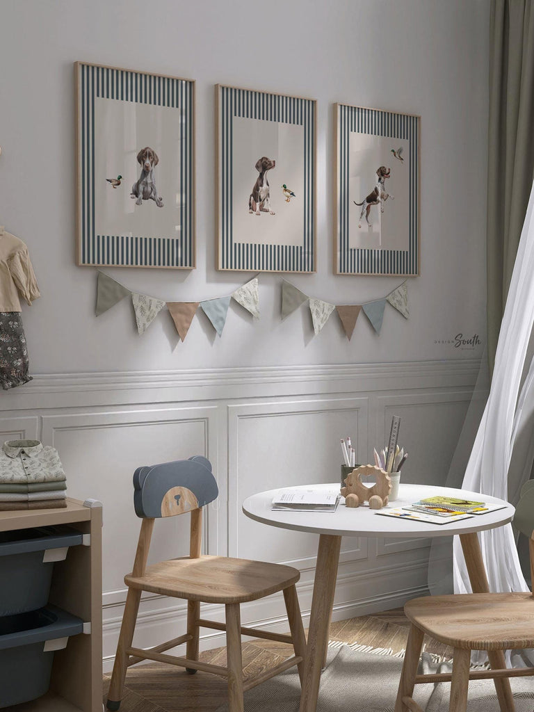 Vintage Bird Dog Print Set: German Shorthaired Pointer Puppy Art in Blue & Neutral Stripes