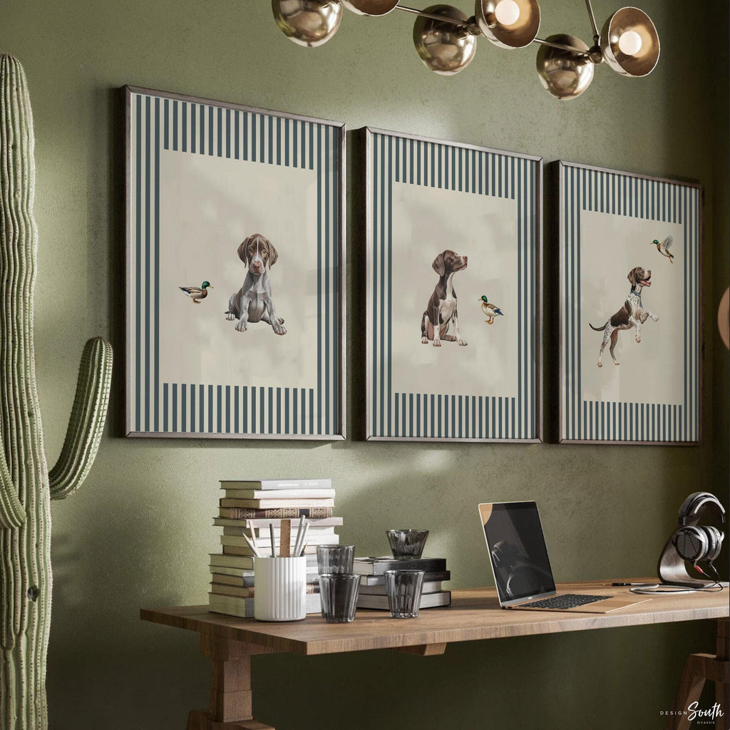 Vintage Bird Dog Print Set: German Shorthaired Pointer Puppy Art in Blue & Neutral Stripes