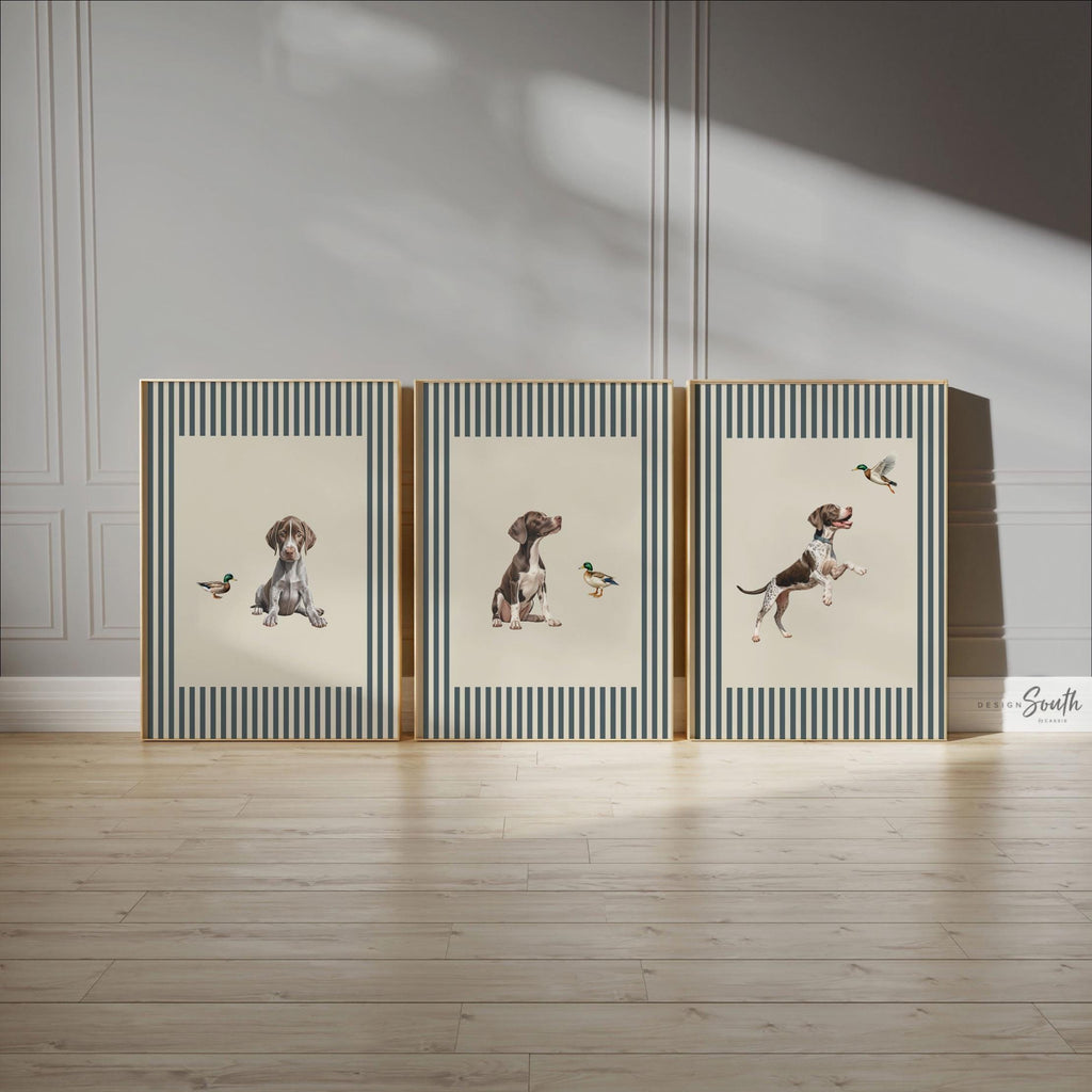 Vintage Bird Dog Print Set: German Shorthaired Pointer Puppy Art in Blue & Neutral Stripes
