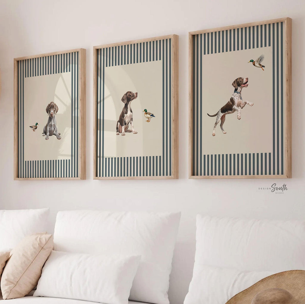 Vintage Bird Dog Print Set: German Shorthaired Pointer Puppy Art in Blue & Neutral Stripes