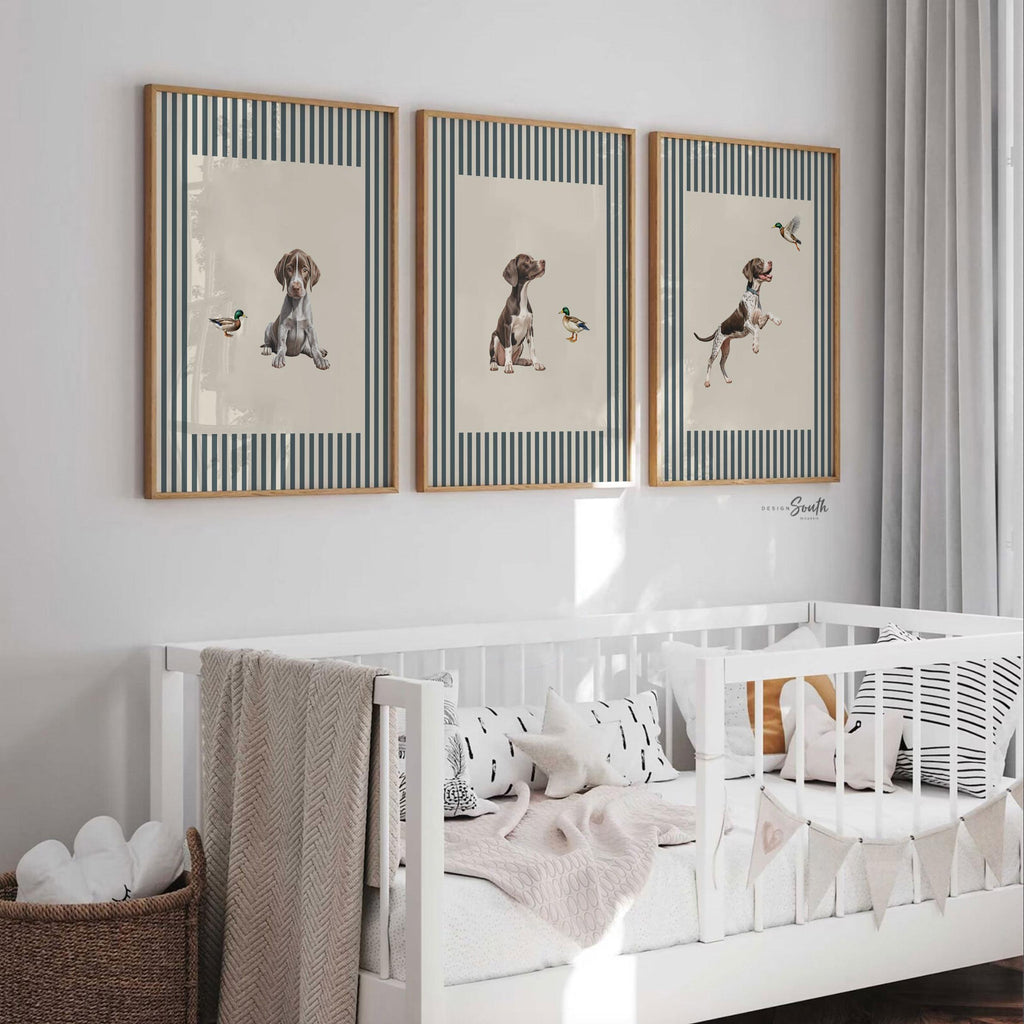 Vintage Bird Dog Print Set: German Shorthaired Pointer Puppy Art in Blue & Neutral Stripes