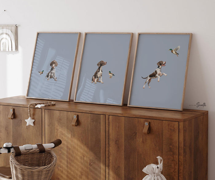 Bird Dog Nursery Prints: German Shorthaired Pointer Art in Soft Blue Tone