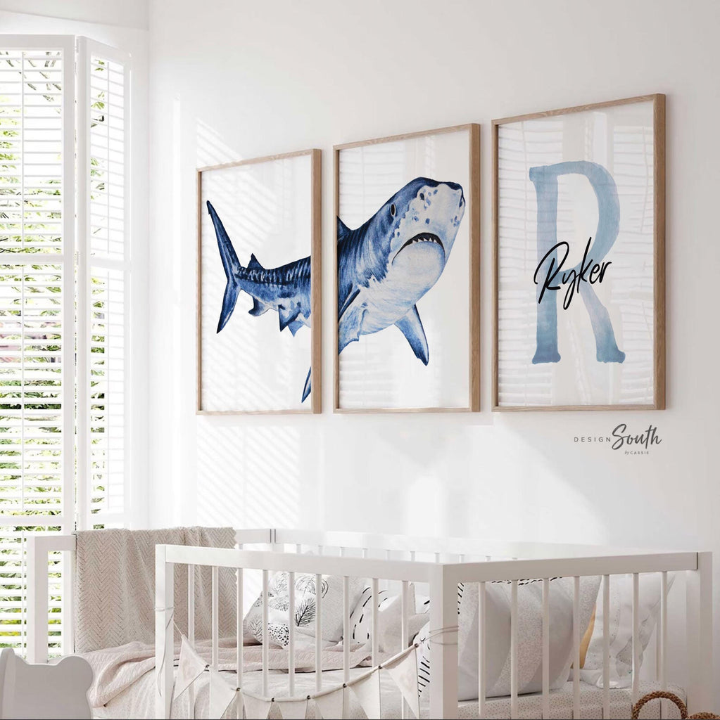 Personalized Shark Wall Art Set: Watercolor Ocean Nursery Prints, Baby Boy Name & Initial Decor, Blue Coastal Kids Room Artwork