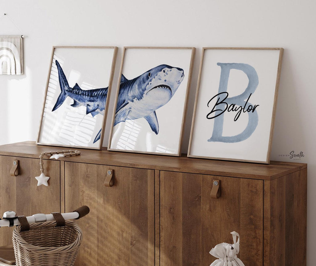 Personalized Shark Wall Art Set: Watercolor Ocean Nursery Prints, Baby Boy Name & Initial Decor, Blue Coastal Kids Room Artwork