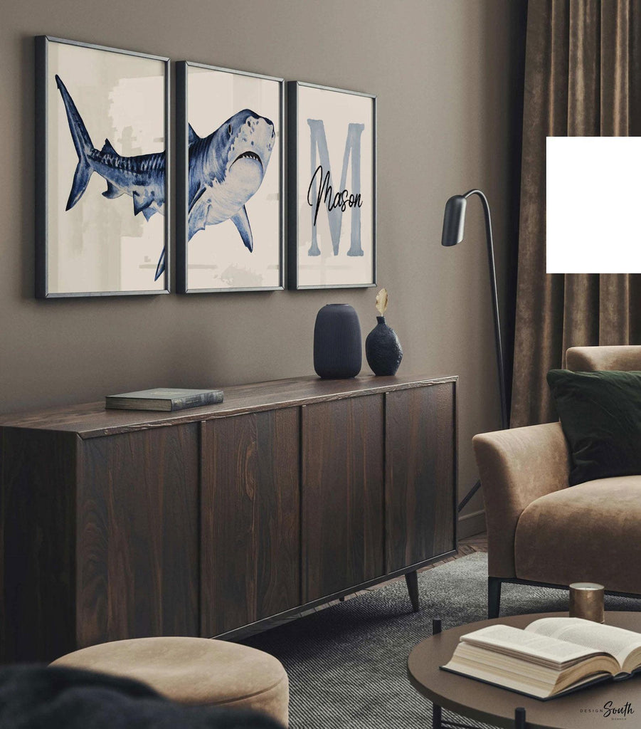 Personalized Shark Wall Art Set: Watercolor Ocean Nursery Prints, Baby Boy Name & Initial Decor, Blue Coastal Kids Room Artwork