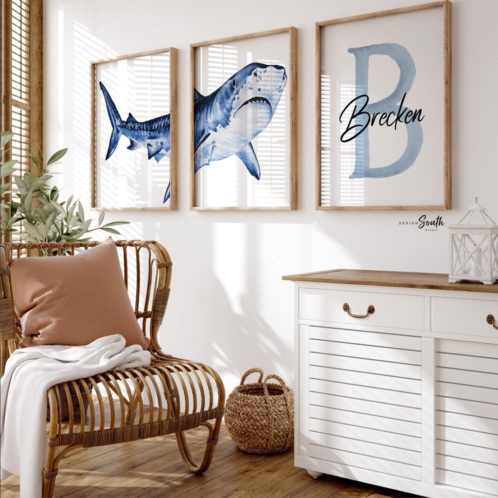 Personalized Shark Wall Art Set: Watercolor Ocean Nursery Prints, Baby Boy Name & Initial Decor, Blue Coastal Kids Room Artwork