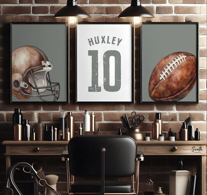 Sage Green Sports Nursery Decor: Personalized Football Name & Number Print Set