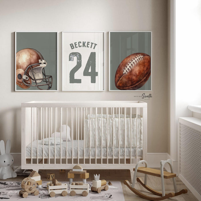 Sage Green Sports Nursery Decor: Personalized Football Name & Number Print Set