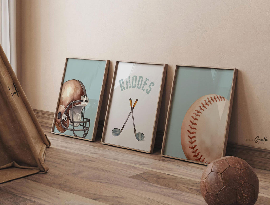 Personalized Sports Wall Art: Football, Baseball & Golf Prints – Set of 3 Watercolor Name Decor