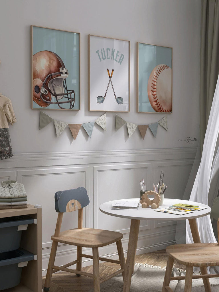 Personalized Sports Wall Art: Football, Baseball & Golf Prints – Set of 3 Watercolor Name Decor