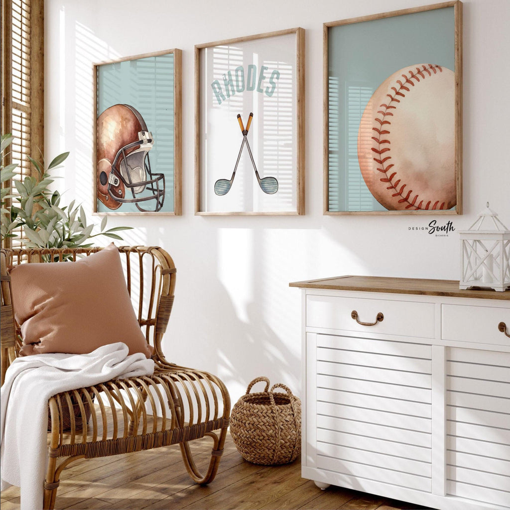 Personalized Sports Wall Art: Football, Baseball & Golf Prints – Set of 3 Watercolor Name Decor