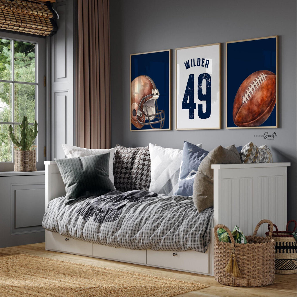 Navy Blue Sports Nursery Decor: Personalized Football Name & Number Print Set