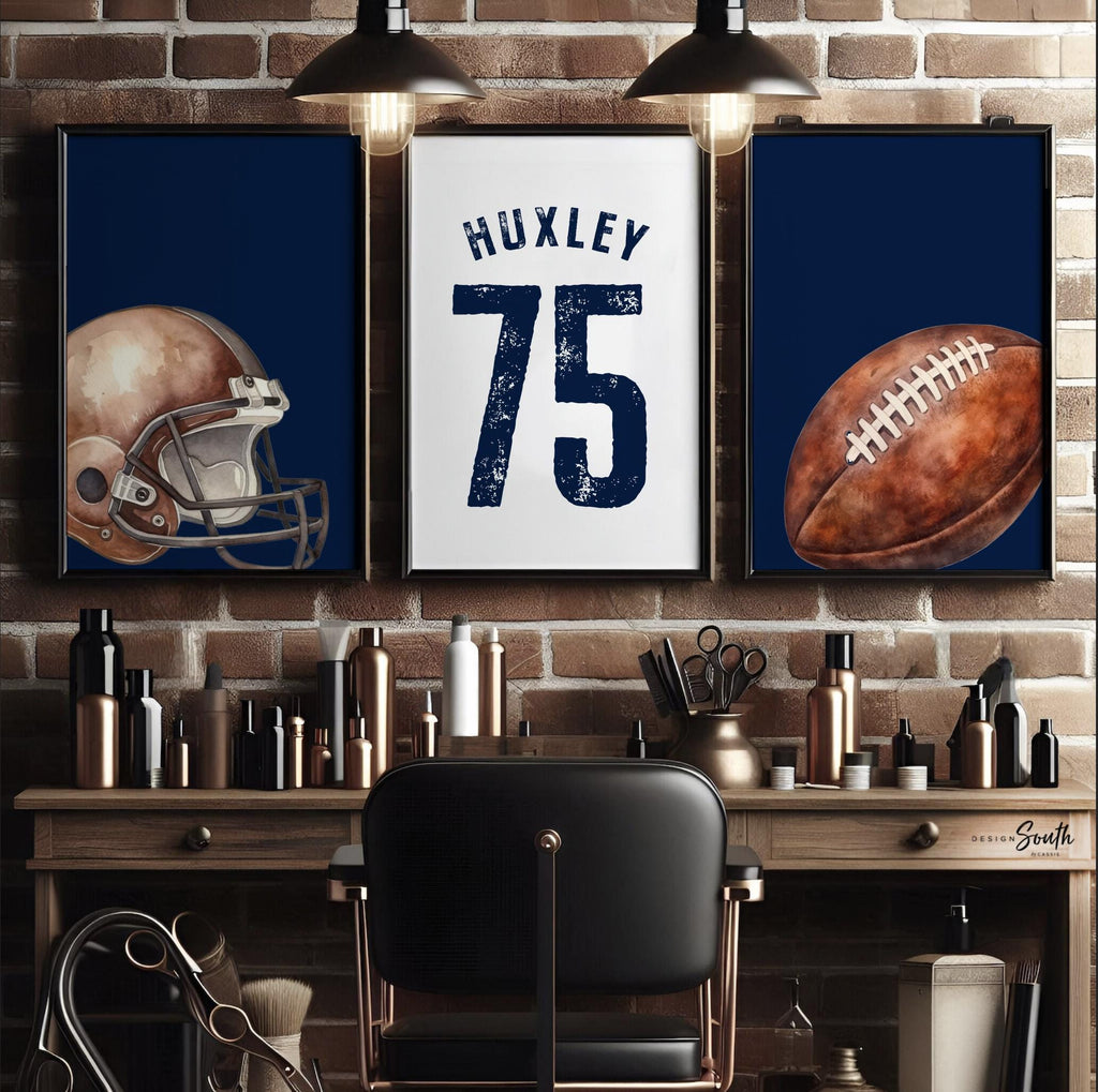 Navy Blue Sports Nursery Decor: Personalized Football Name & Number Print Set