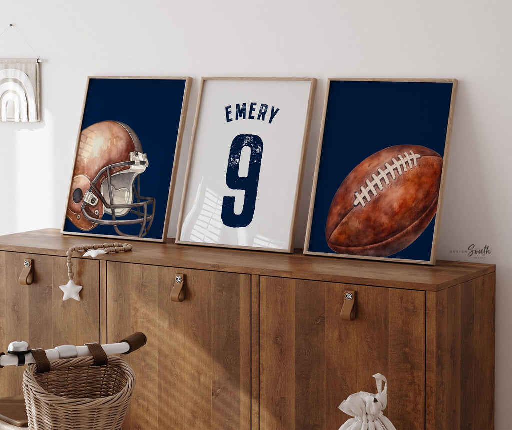 Navy Blue Sports Nursery Decor: Personalized Football Name & Number Print Set