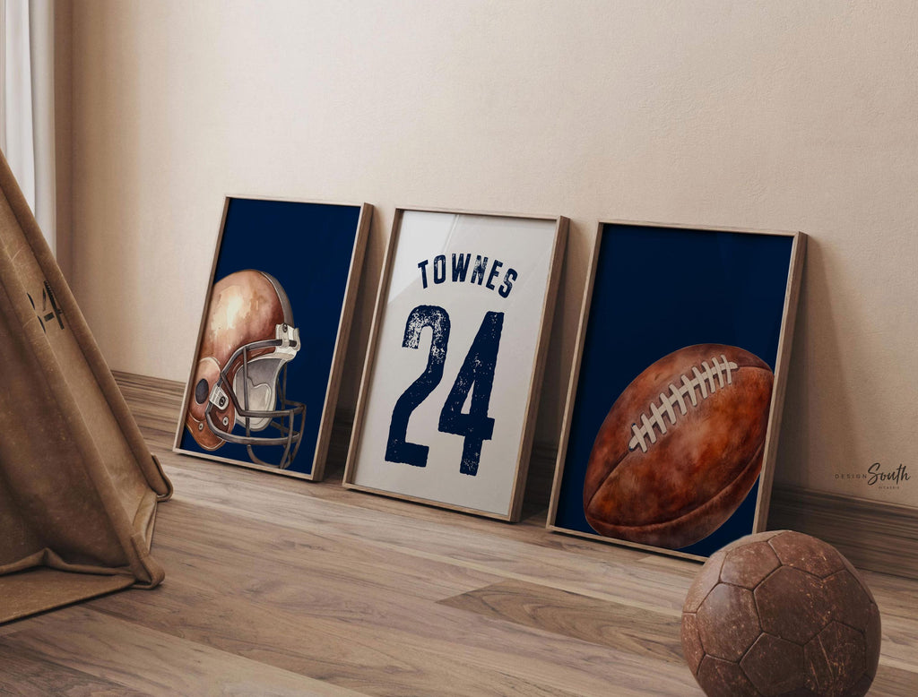 Navy Blue Sports Nursery Decor: Personalized Football Name & Number Print Set