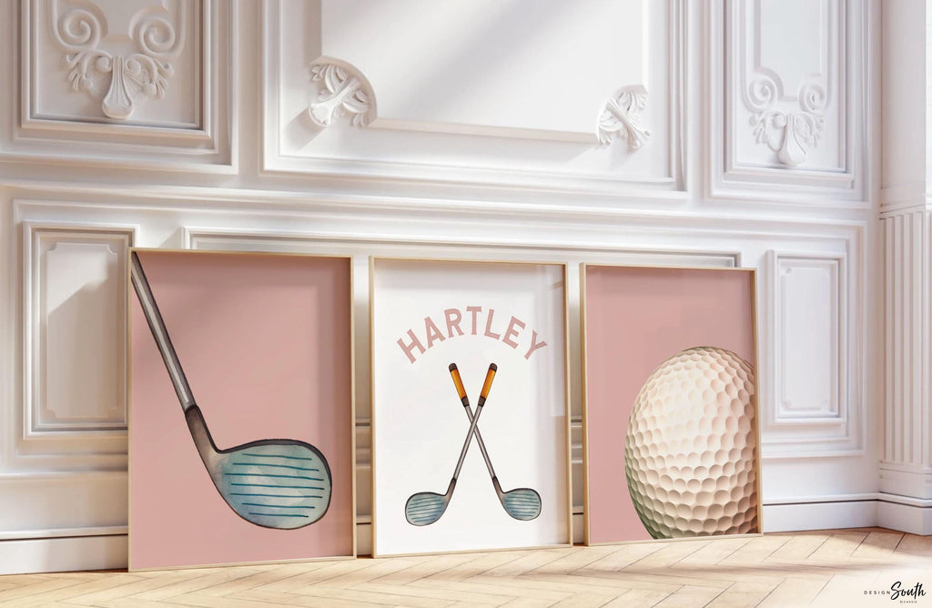 Golf Girl Nursery Wall Art Set of 3, Pink Golf Themed Room Decor, Watercolor Golf Cart & Clubs Prints for Girls Room