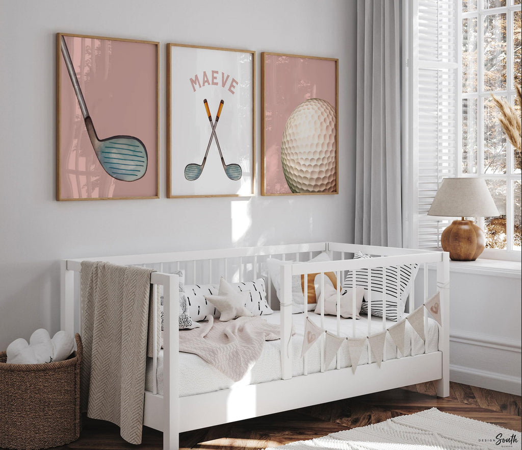 Golf Girl Nursery Wall Art Set of 3, Pink Golf Themed Room Decor, Watercolor Golf Cart & Clubs Prints for Girls Room