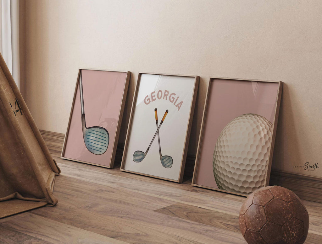 Golf Girl Nursery Wall Art Set of 3, Pink Golf Themed Room Decor, Watercolor Golf Cart & Clubs Prints for Girls Room
